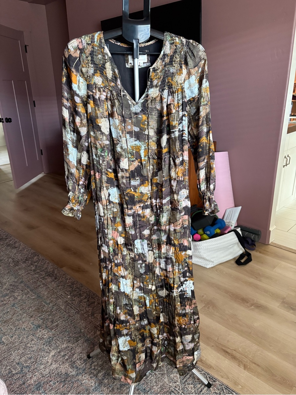 ANTHROPOLOGIE Abstract Print Maxi Dress with Long Sleeves — Brown Multi